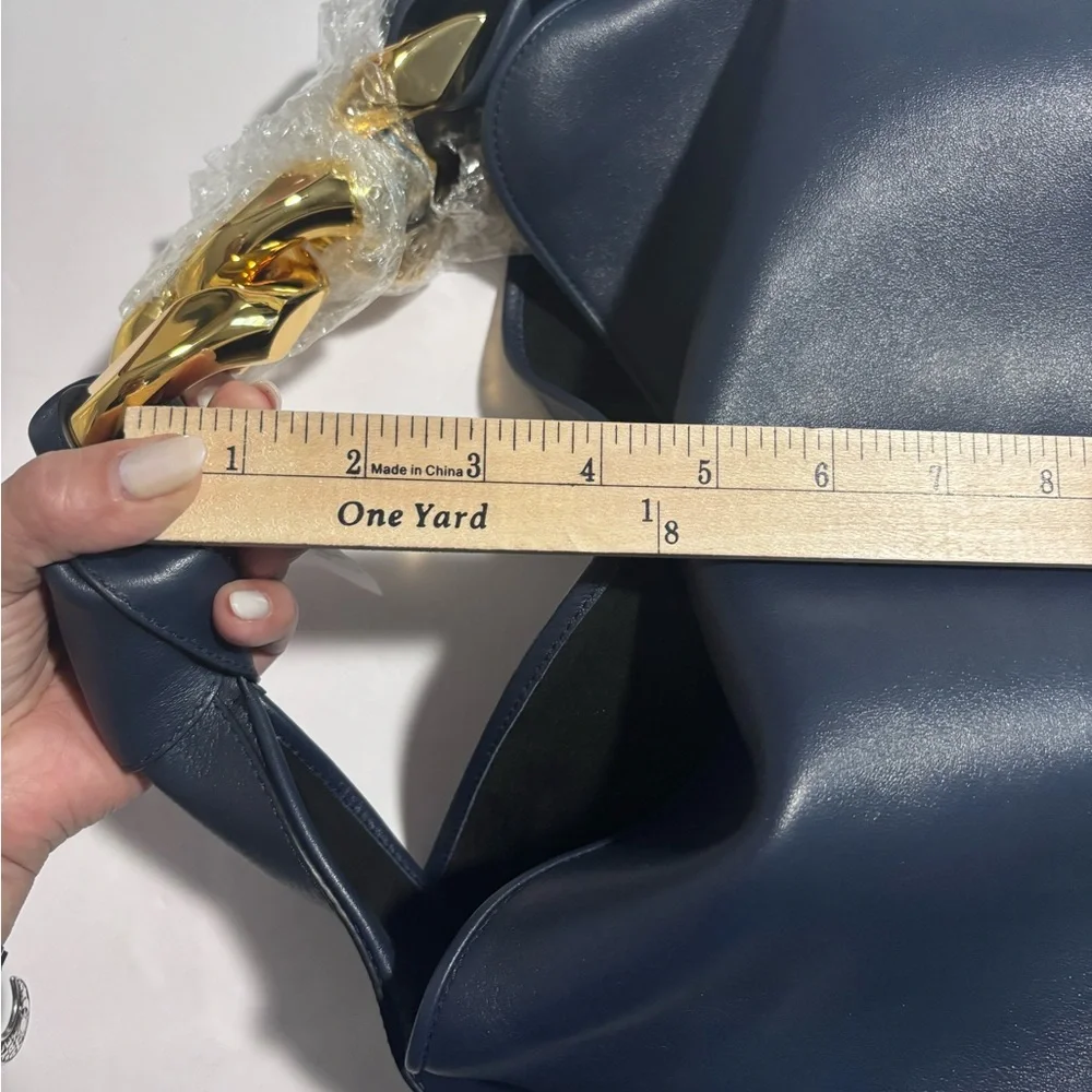Leather Top-Handle Tote in Navy with Gold Chain Detail